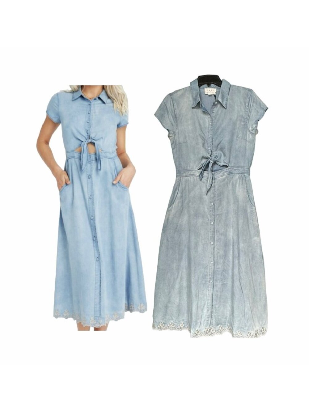 ❤️Lost + Wander Sz M Women Maxi Dress Denim Button Up Short Sleeve embroidered